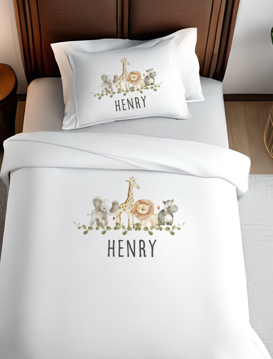 Personalised Safari Animals Theme Kids Duvet Set Toy Basket
