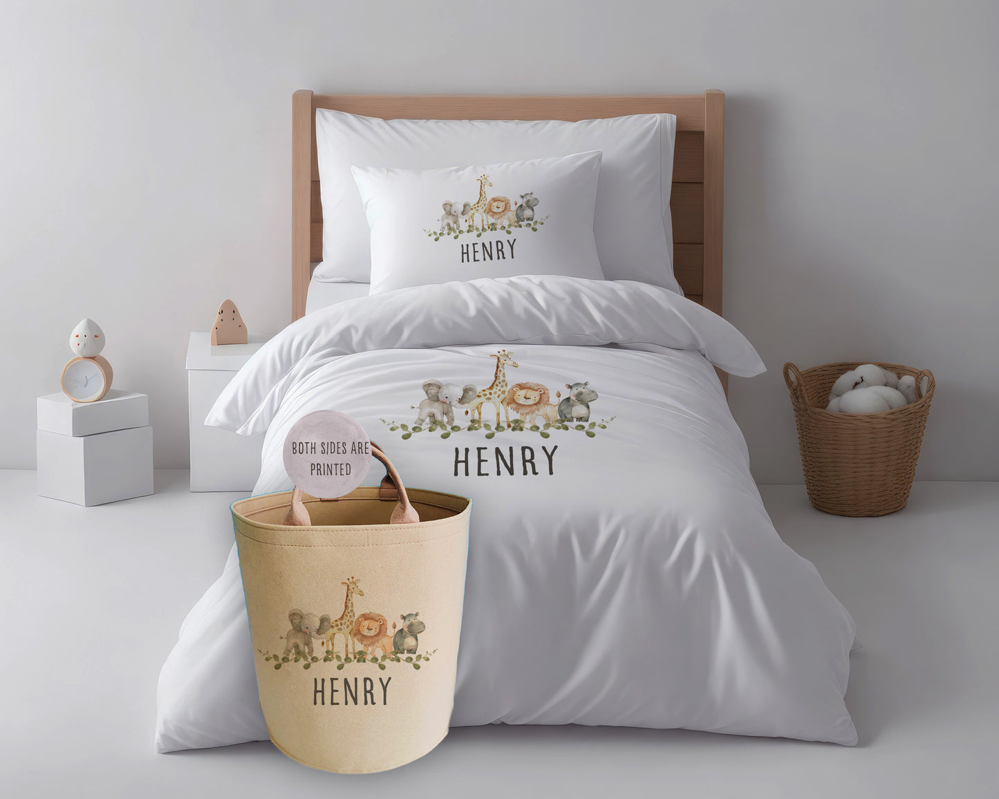 Personalised Jungle Animals Kids Duvet Set Toy Basket