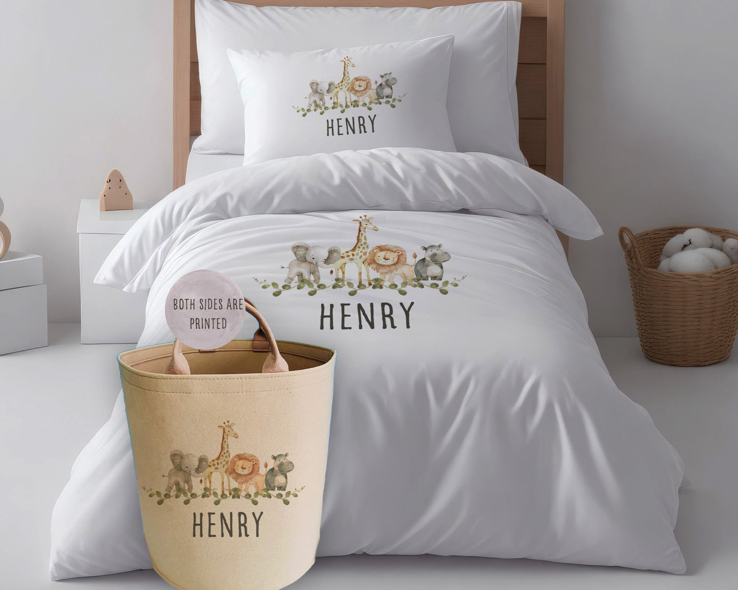 Personalised Jungle Animals Kids Duvet Set Toy Basket