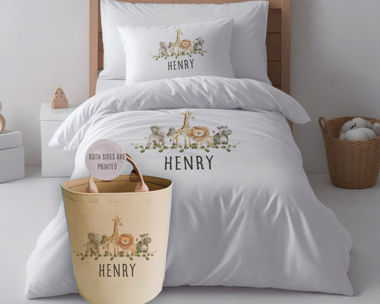 Personalised Jungle Animals Kids Duvet Set Toy Basket