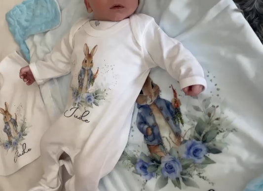 Personalised Floral Blue Rabbit Baby Blanket Romper Set