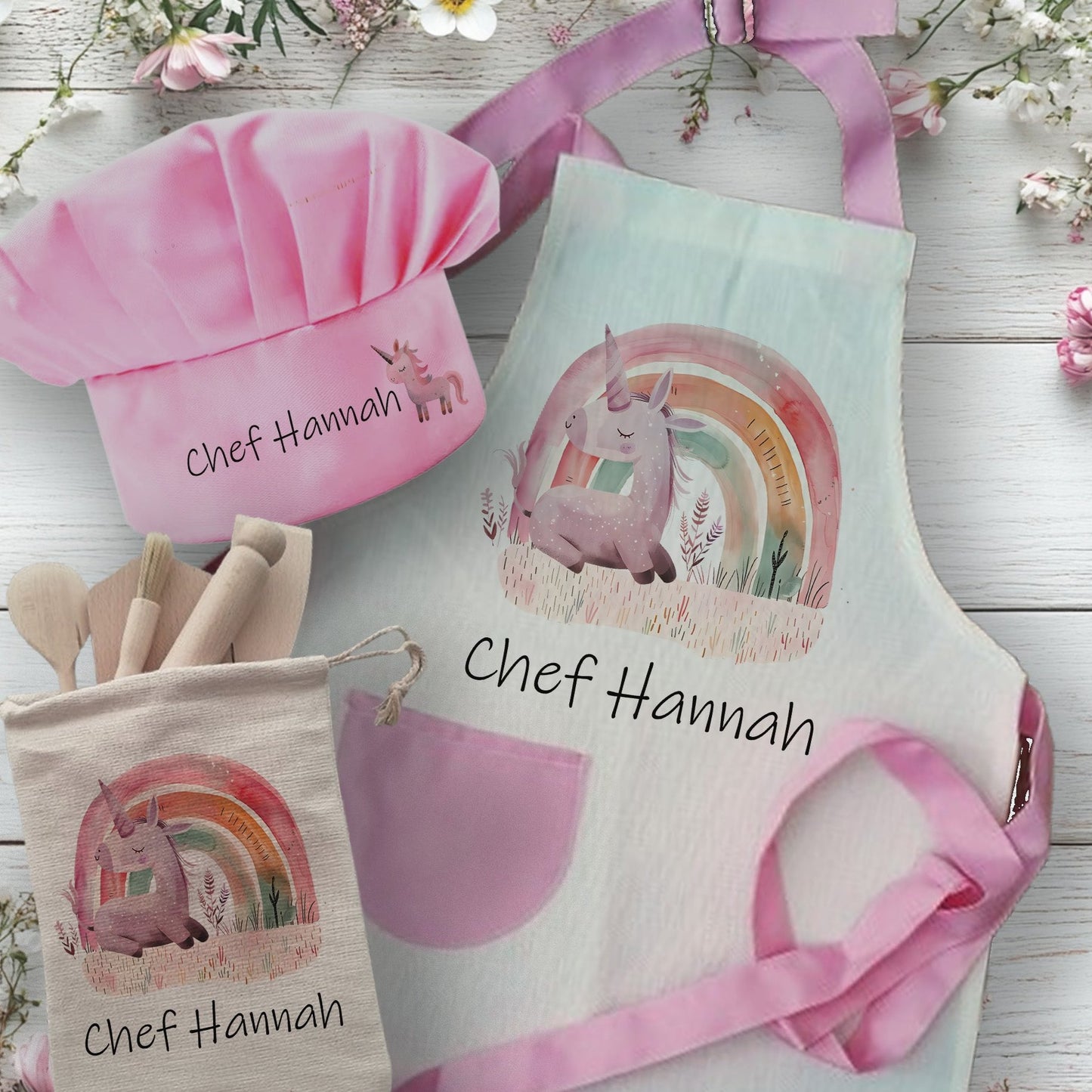 Pink Unicorn Theme - Personalised Kids Linen Baking Set