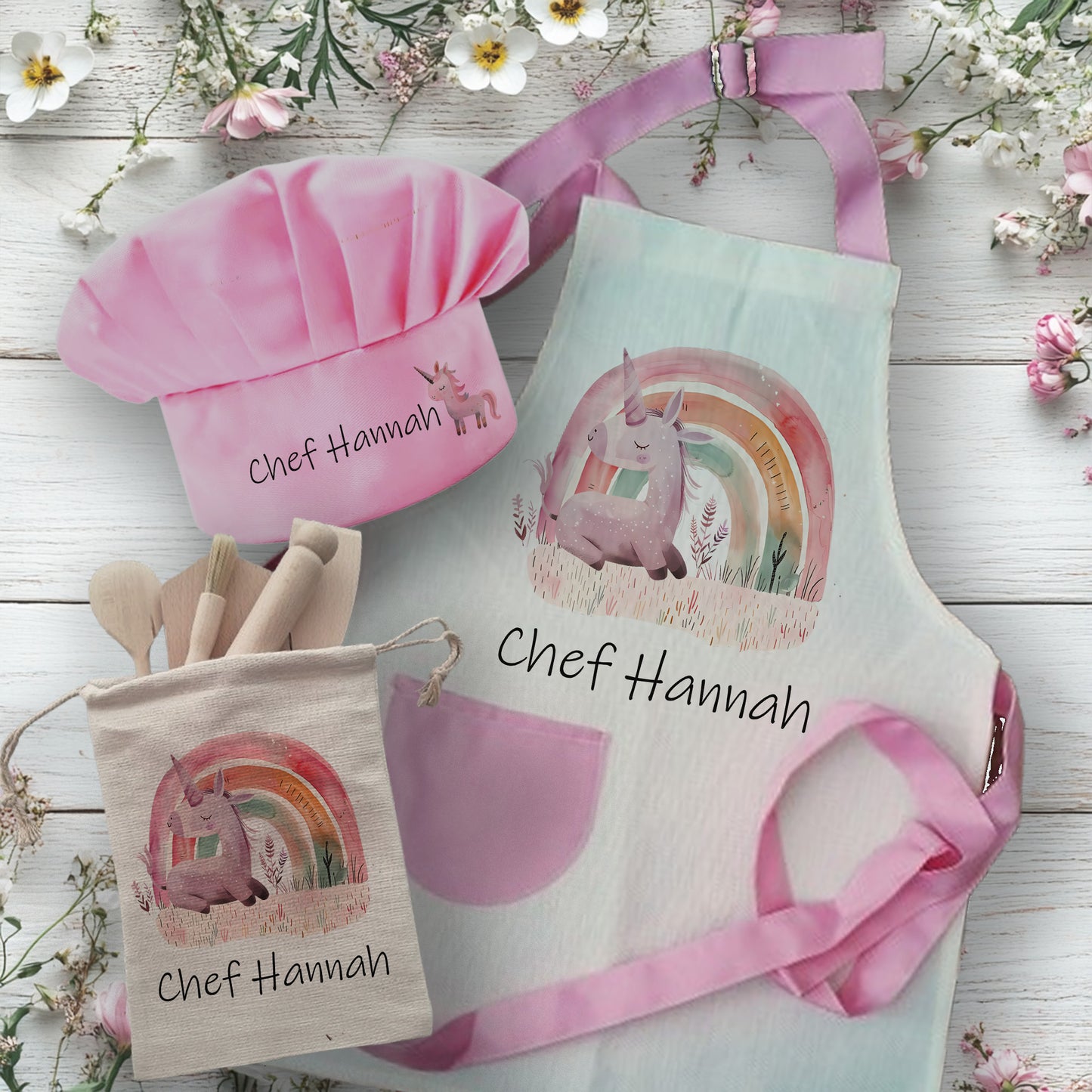 Pink Unicorn Theme - Personalised Kids Linen Baking Set