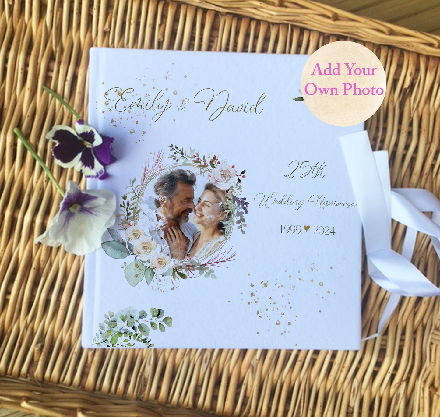 Personalised Own photo Anniversary Floral Guestbook with Ribbon