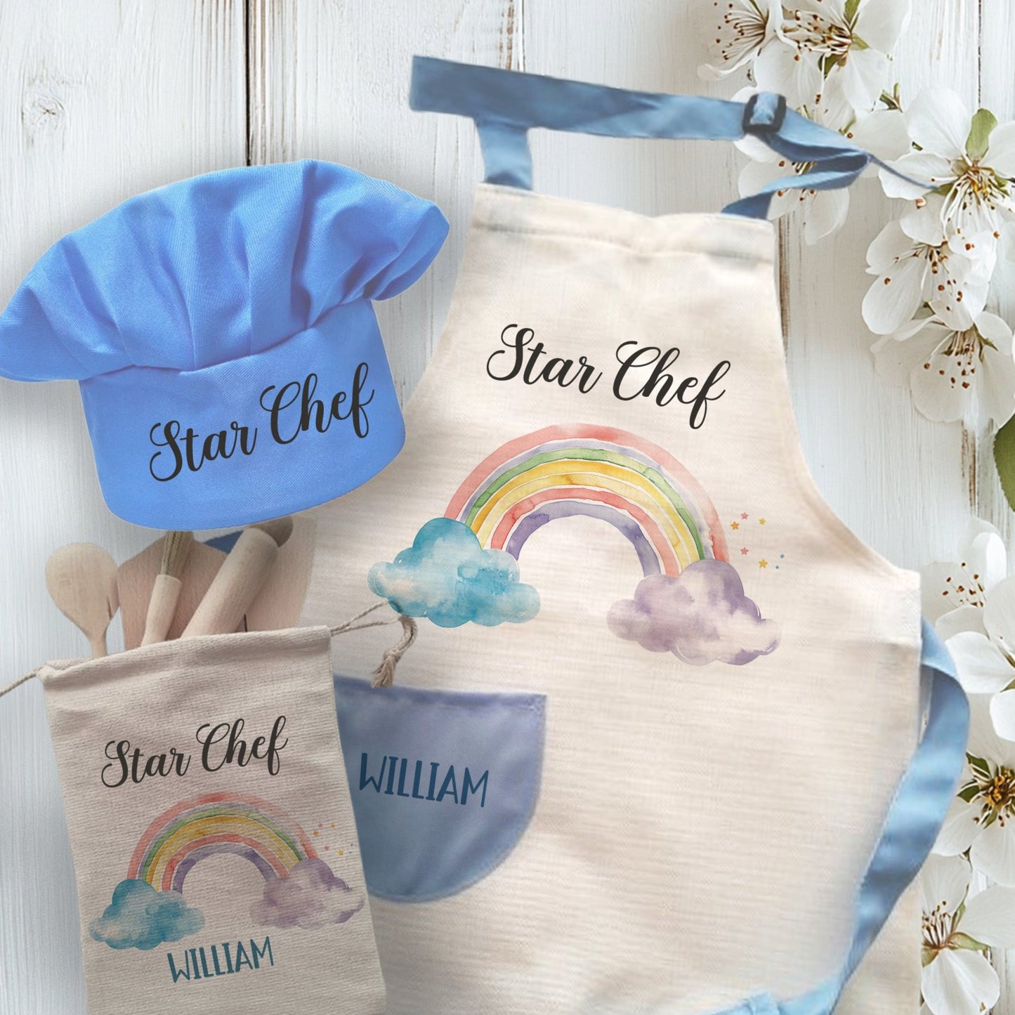 Rainbow Print Personalised Kids Linen Blue pocket Baking Set