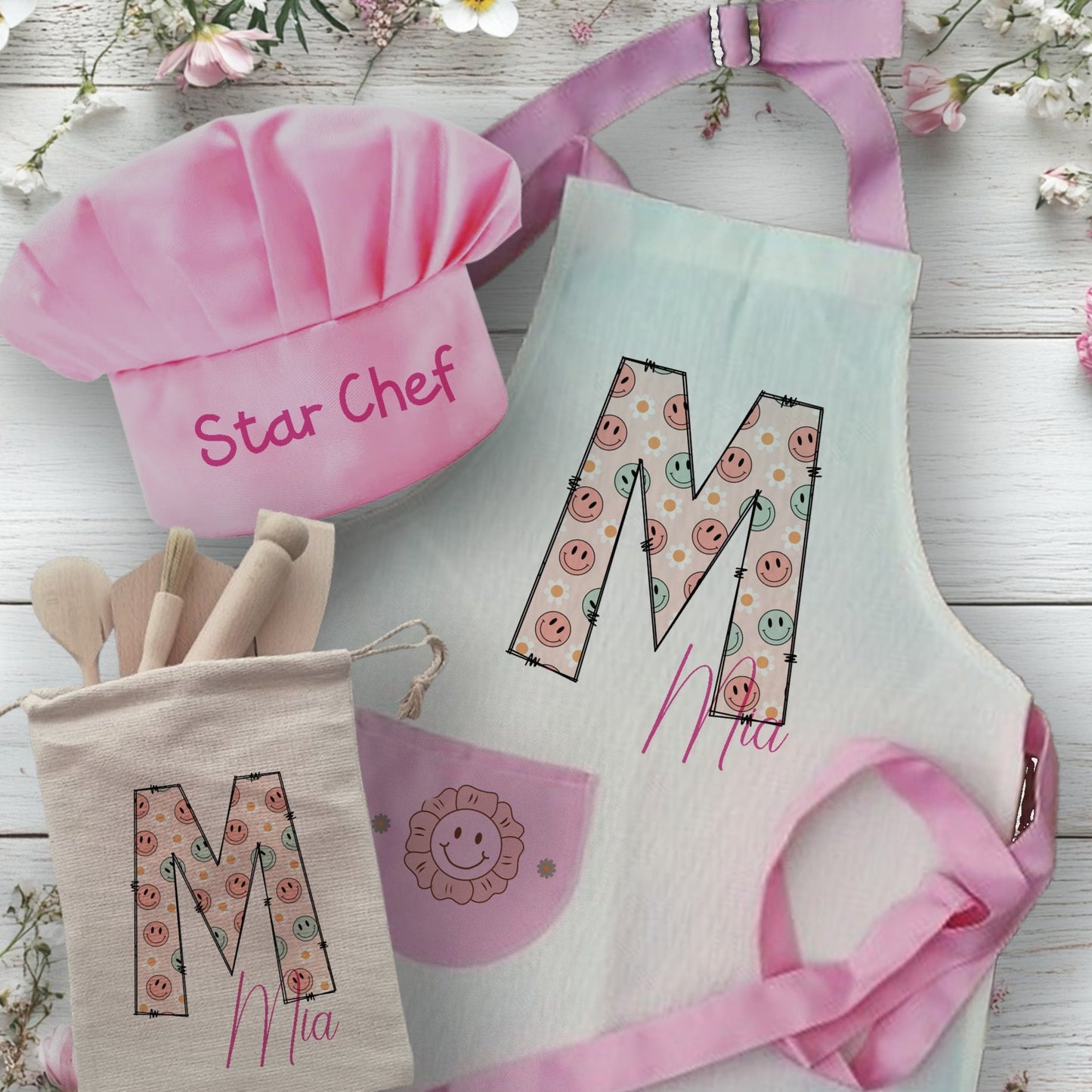 Floral Initial - Personalised Kids Linen Apron Baking Set