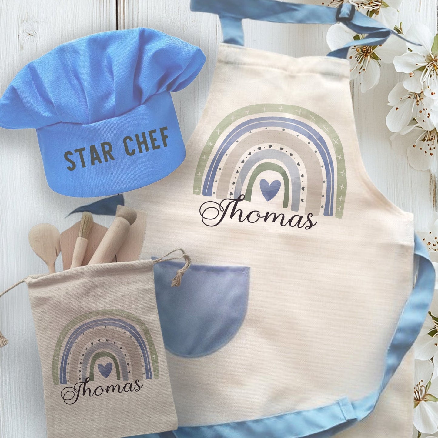 Rainbow Theme Personalised Kids Linen Blue pocket Baking Gift