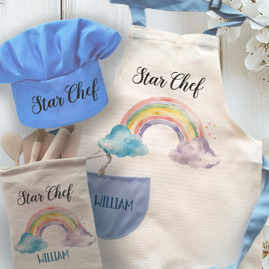 Rainbow Print Personalised Kids Linen Blue pocket Baking Set