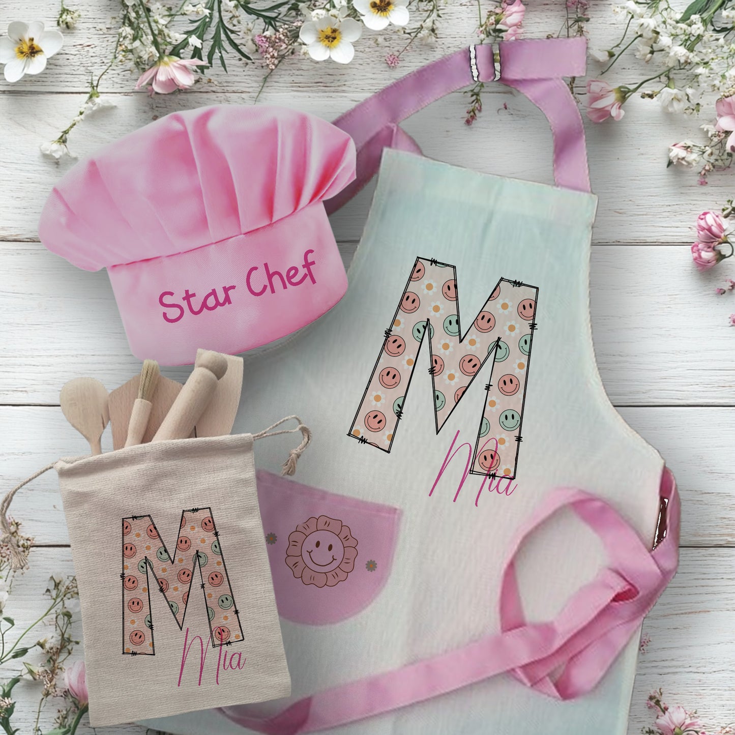 Floral Initial - Personalised Kids Linen Apron Baking Set