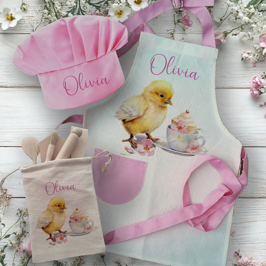 Unique Easter Chick Pink Theme - Personalised Kids Linen Baking Set