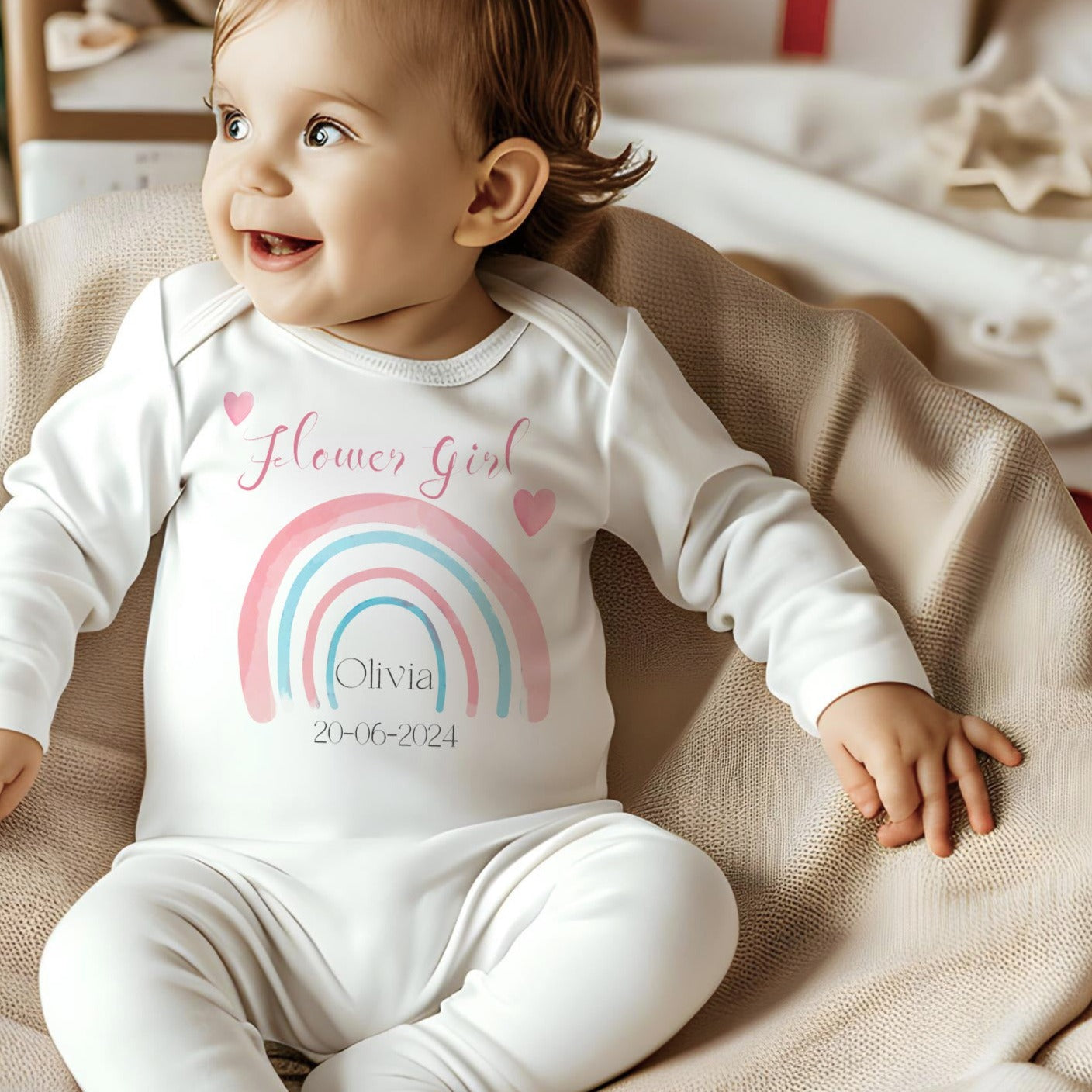 Personalised Rainbow Theme Flower Girl Floral Design Baby Romper