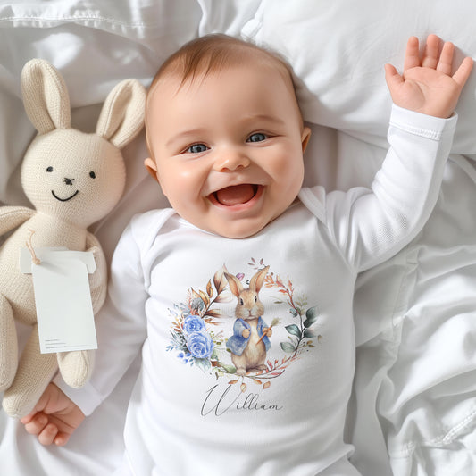 Floral Blue Bunny - Personalised Baby Blanket Gift Set Romper