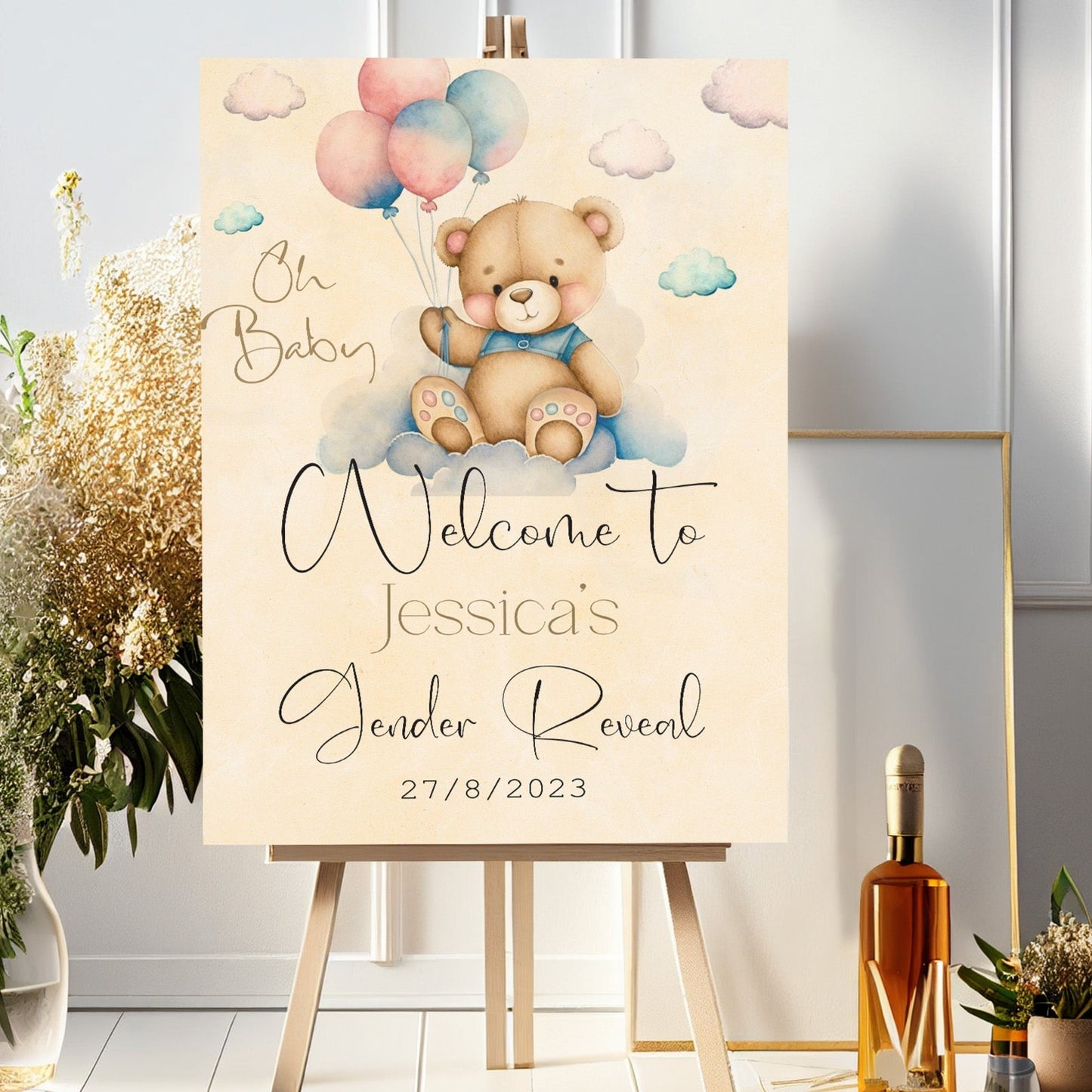 Personalised Beige Bear Gender Reveal Welcome Sign