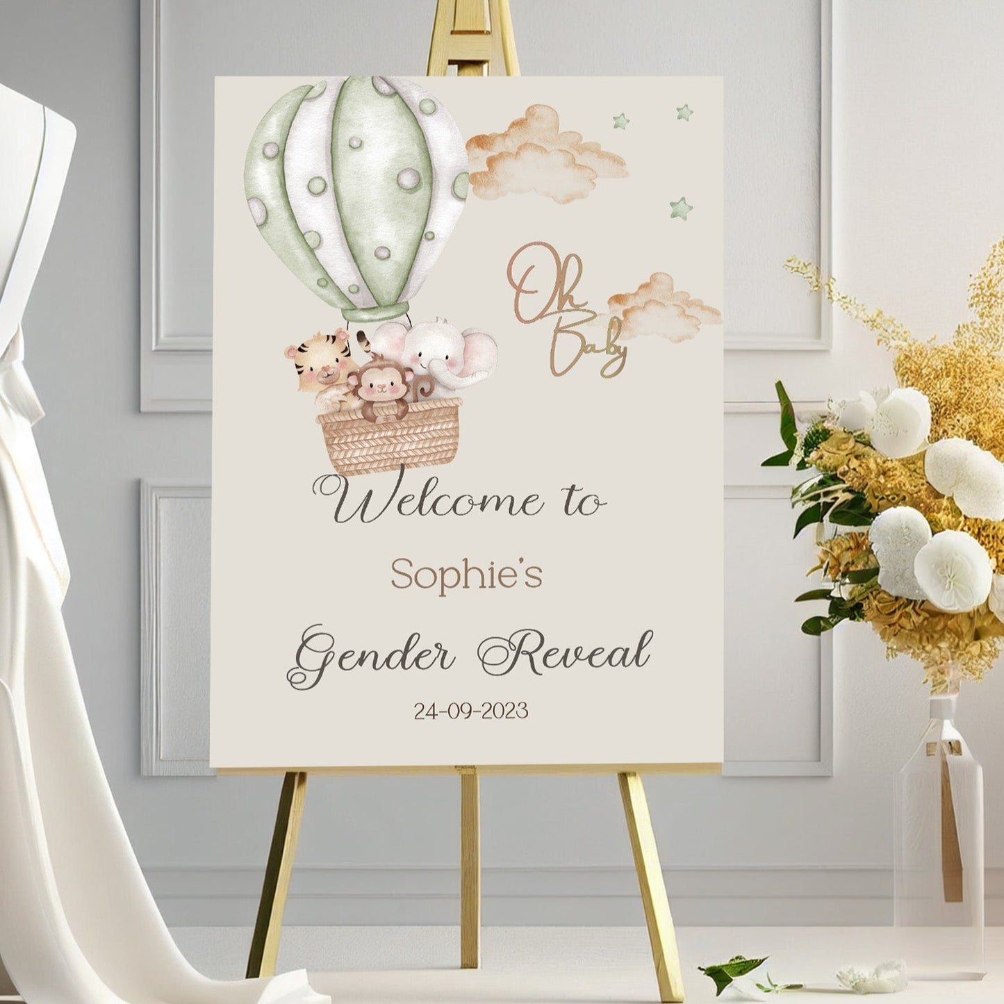 Safari Animals in Hot Air balloon Gender Reveal Welcome Sign