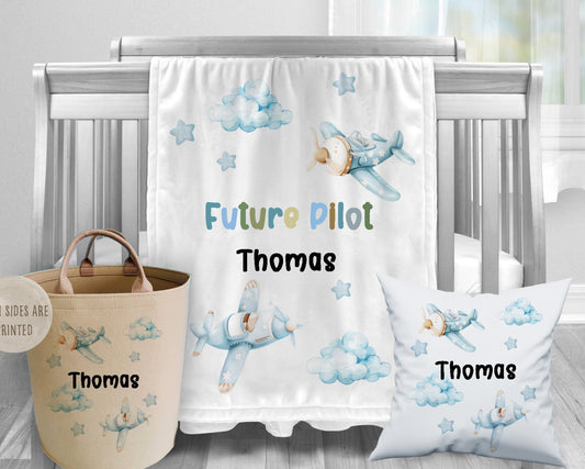 Future Pilot - Personalised Baby Blanket Cushion Toy bag Set