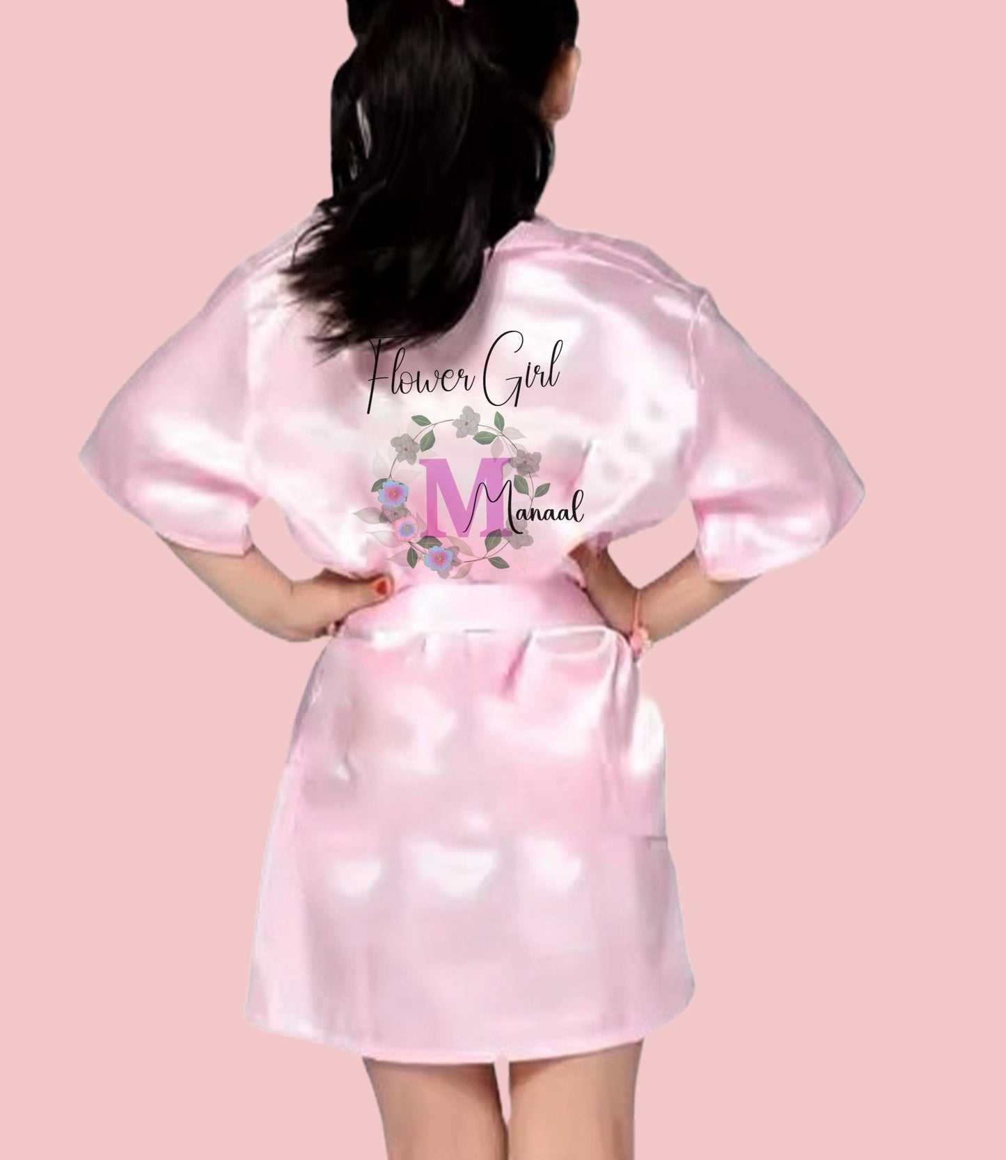 Flower Girl Initial Theme - Personalised Kids SATIN Wedding Gift Dressing Gown Set