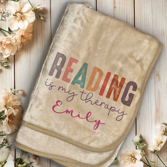 Personalised 'Reading is my therapy' Blanket, book lovers unique gift