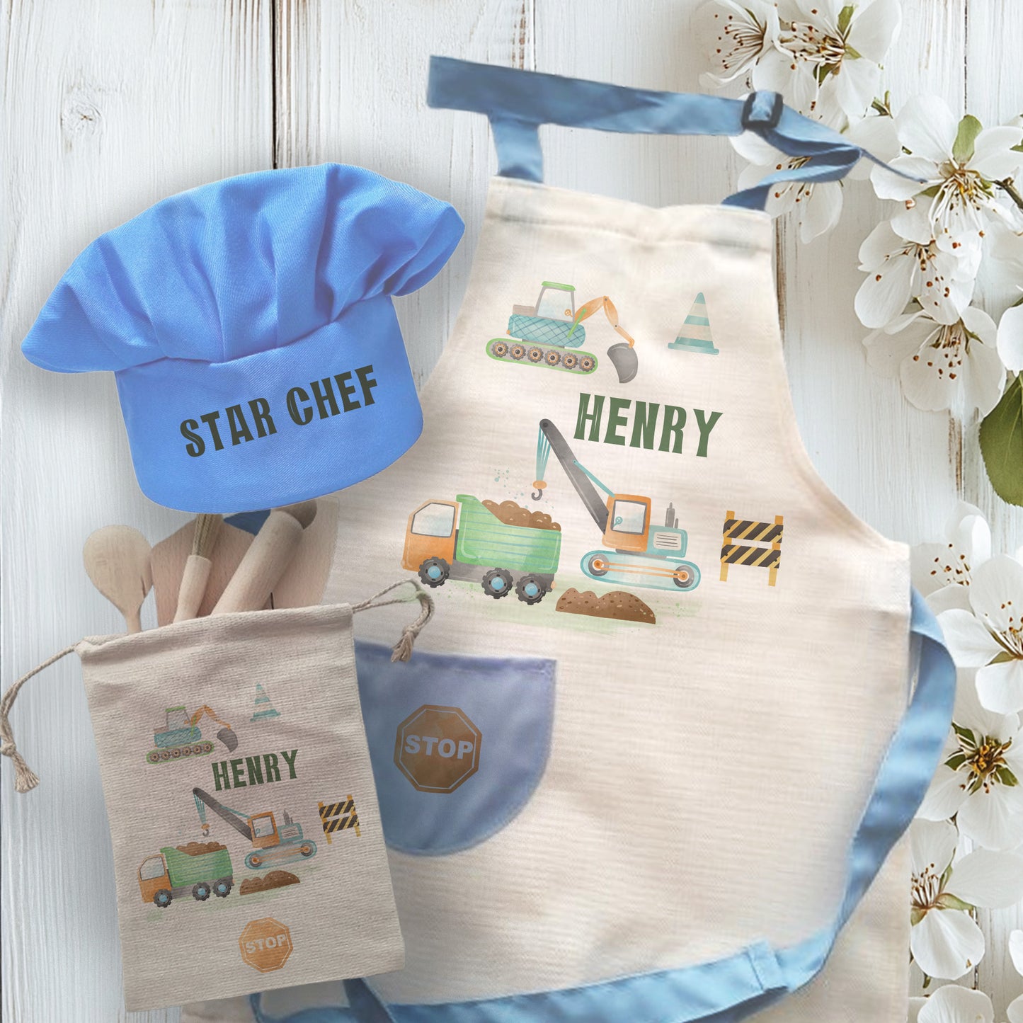 Construction Theme Personalised Kids Linen Blue pocket Baking Gift
