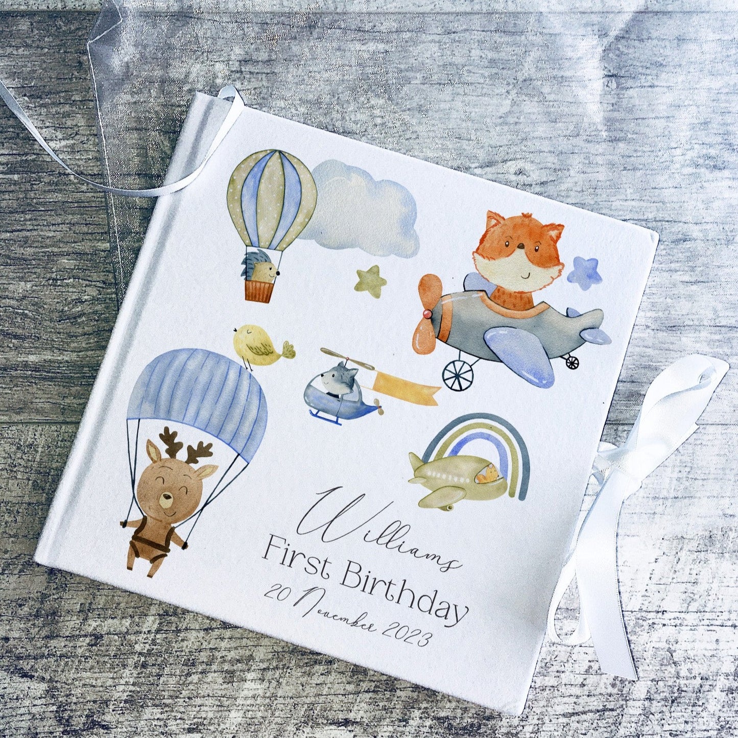 Safari Animals Hot air Balloon Personalised Milestone Baby Blanket Set
