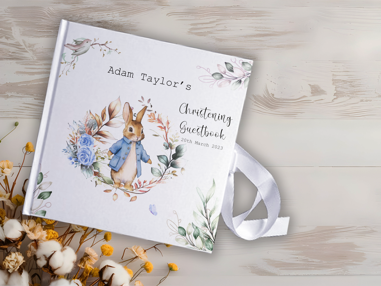 Blue Rabbit With Wreath Christening Guestbook with Ribbon
