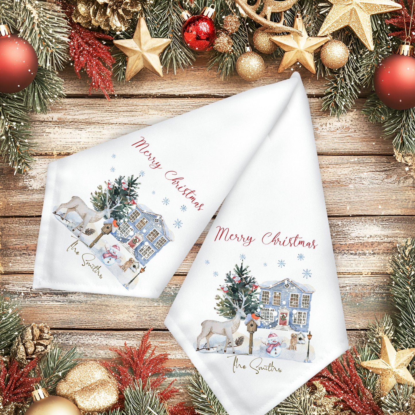 Personalised Rain Deer Christmas Landscape Design Napkin Set