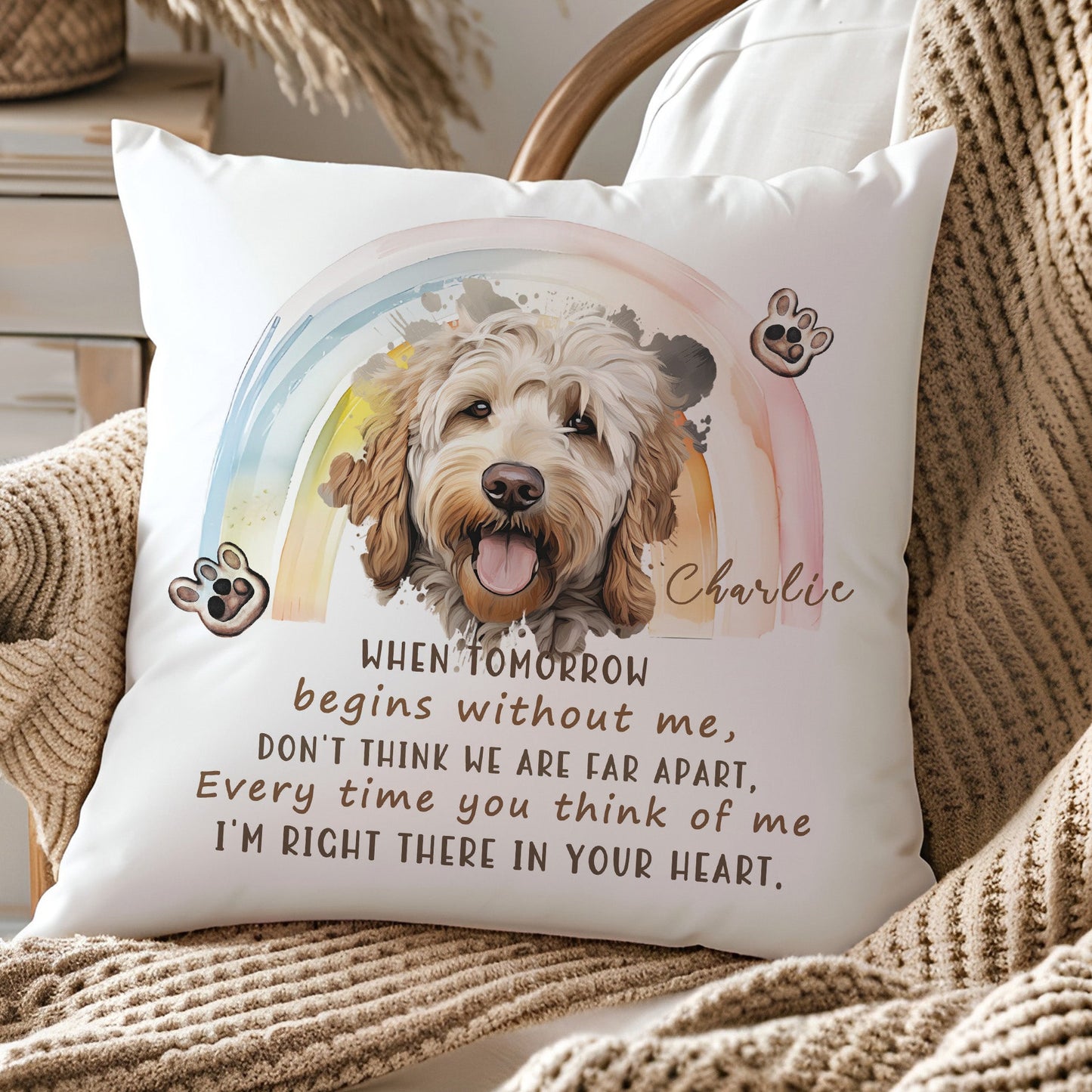 Picture Personalised Dog Cushion Gift With Rainbow Design