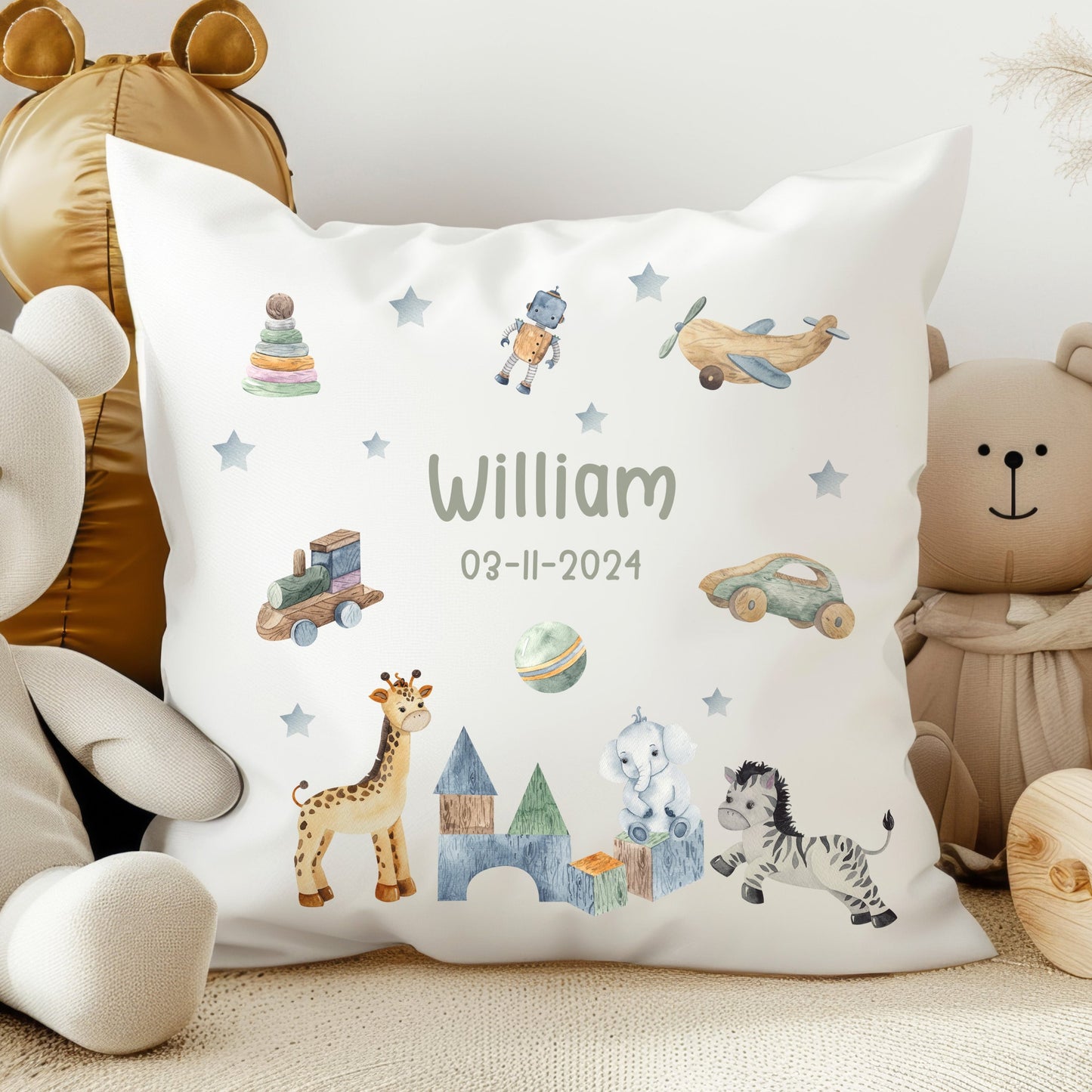 Personalised Blue Nursery Toys Design Soft Nursery Cushion