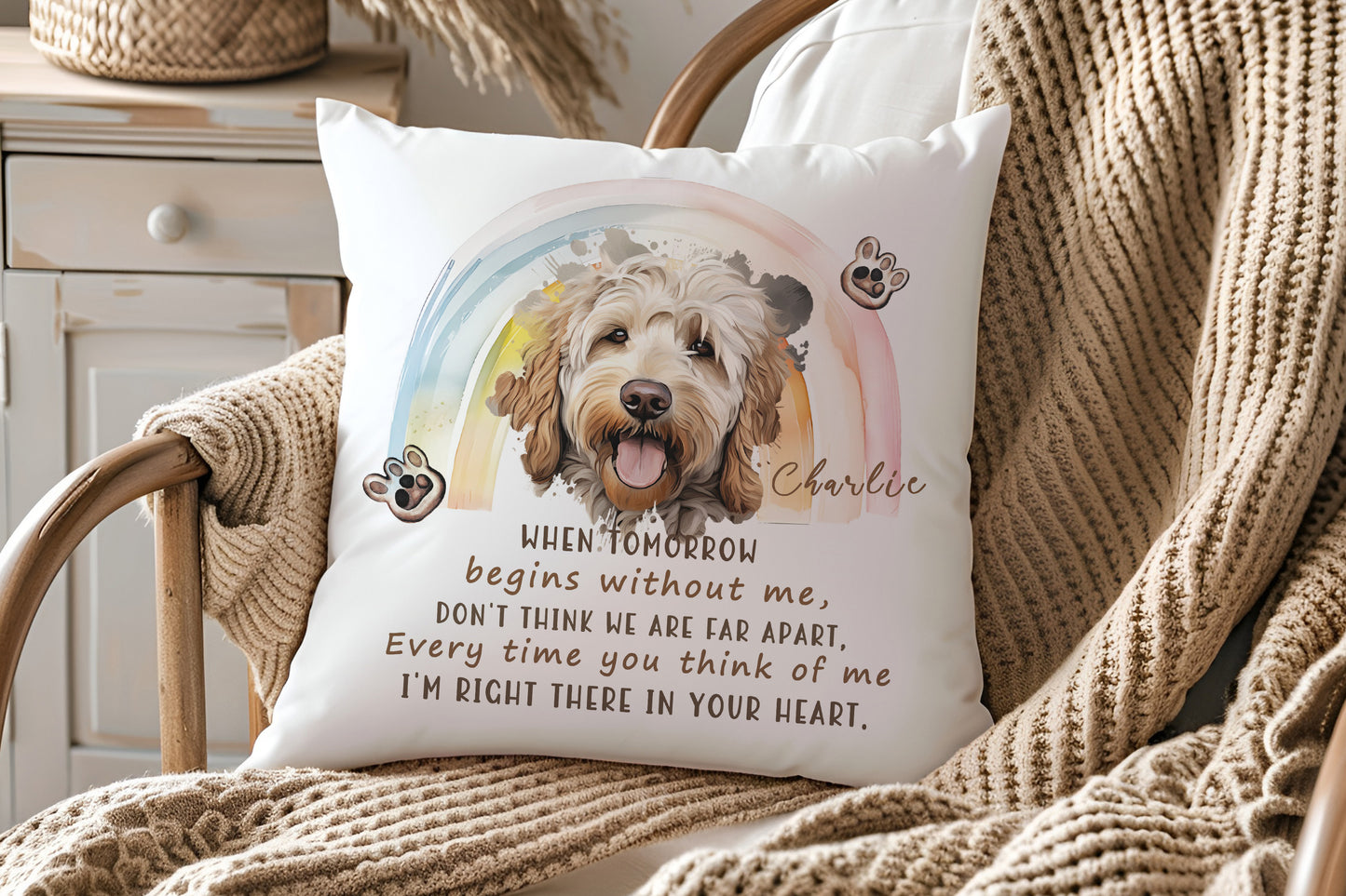 Picture Personalised Dog Cushion Gift With Rainbow Design