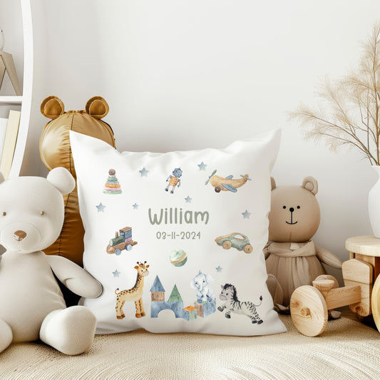 Personalised Blue Nursery Toys Design Soft Nursery Cushion