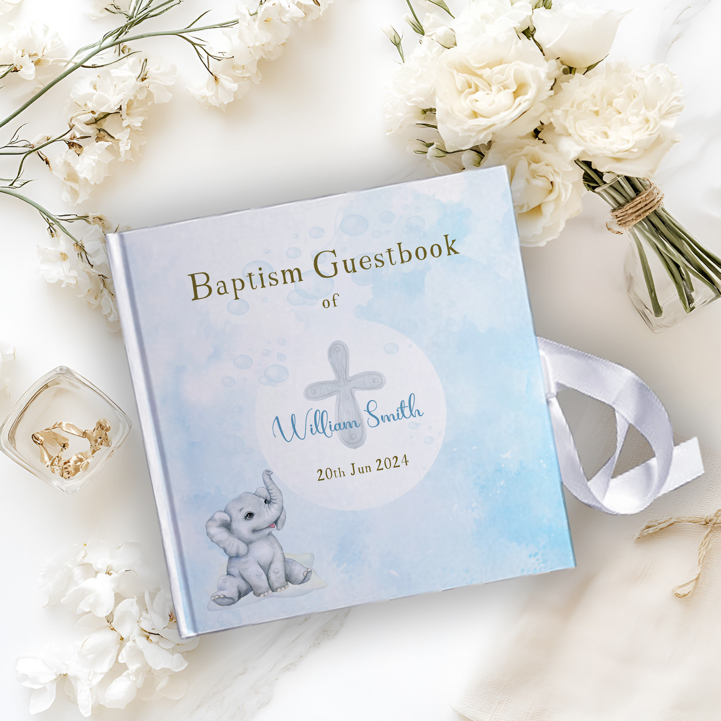 Personalised Blue Elephant Theme Christening Baptism Guestbook with Ribbon