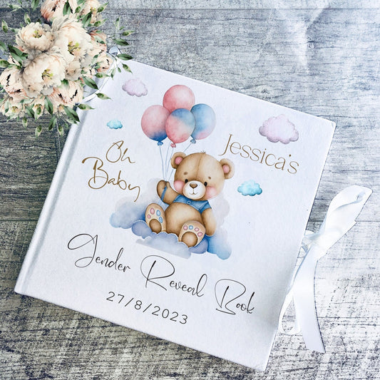 Bear with Balloon Gender Reveal Guestbook with Ribbon