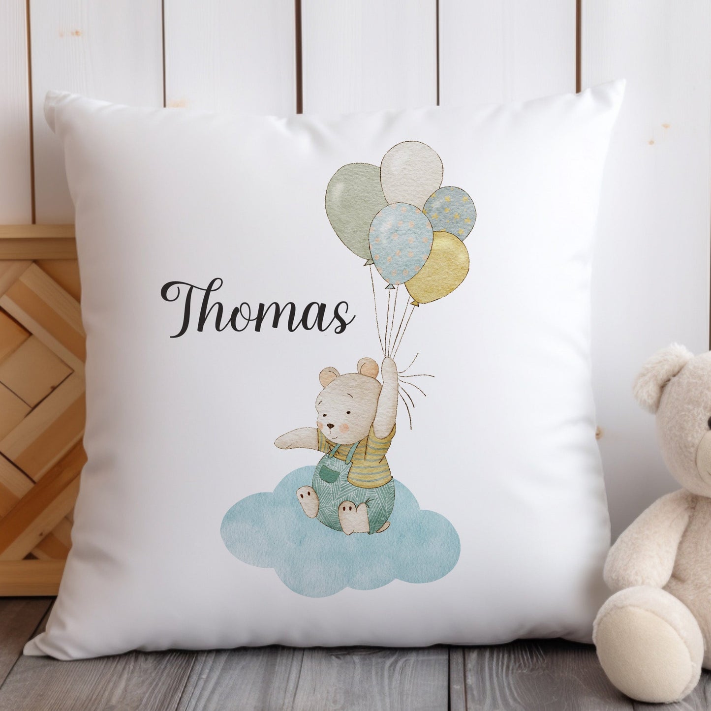 Personalised Bear and Balloon Nursery Cushion