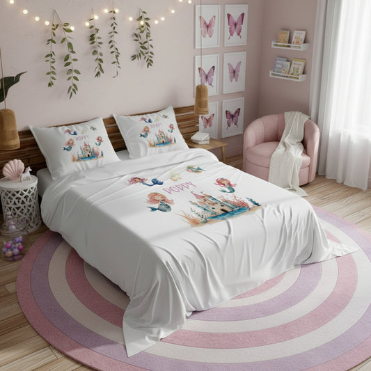 Personalised Mermaid Bedding Set - Custom Name Under the Sea Girls Duvet Cover & Pillowcase - Watercolour Mermaid Castle Bedroom Decor