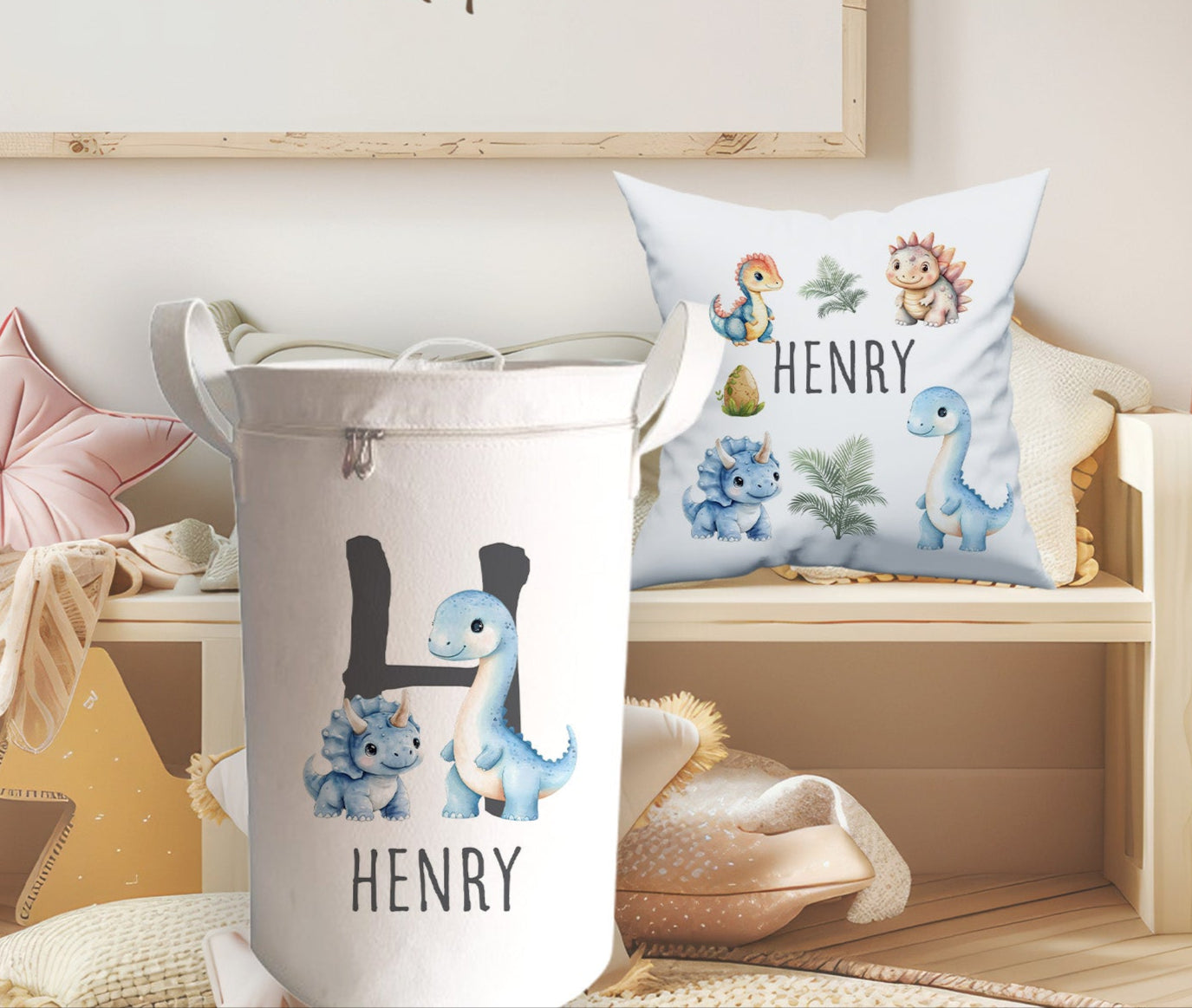 Personalised Dino Design Large Toy basket Gift Set With Cushion