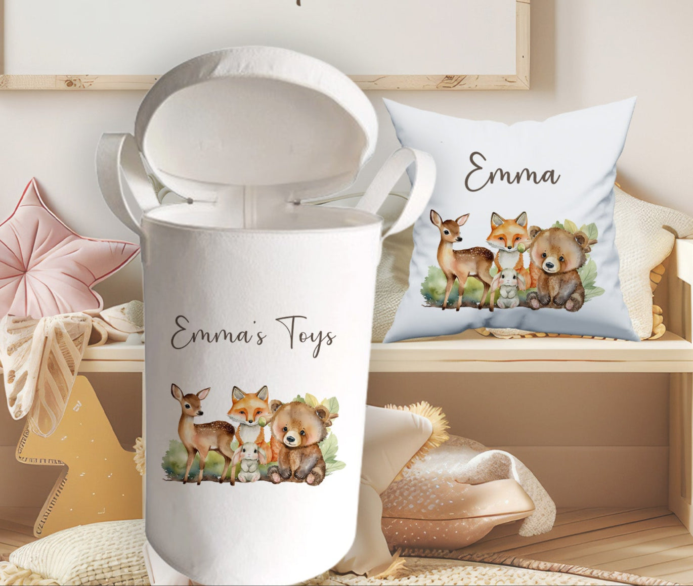Personalised Forest animals Large Toy basket Gift Set With Cushion