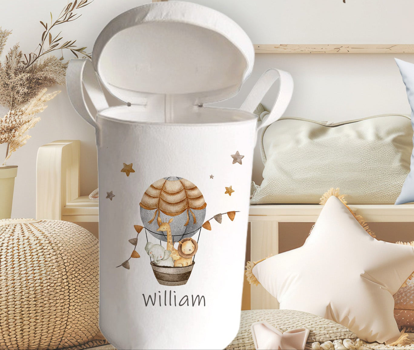 Personalised Safari Balloon Design Large Felt Toy basket Gift Set With Cushion