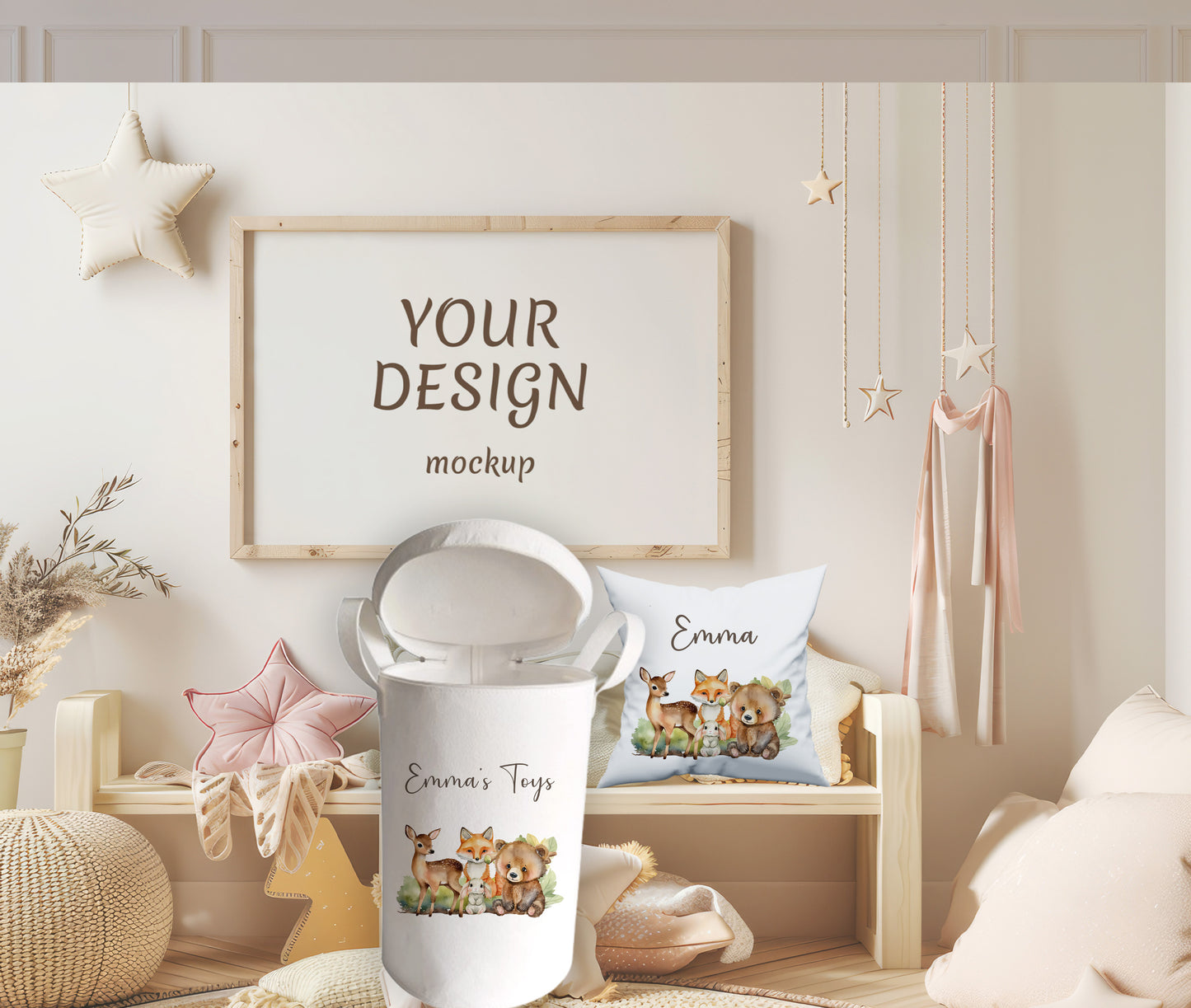 Personalised Forest animals Large Toy basket Gift Set With Cushion