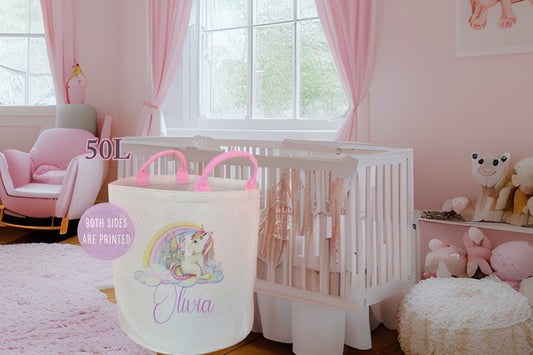 Personalised Unicorn Rainbow Pink Large Toy basket Gift Set With Cushion