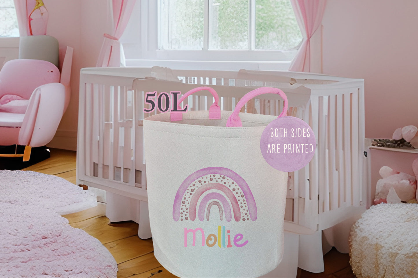Personalised Pink Girls Rainbow Toy basket Gift Set With Cushion