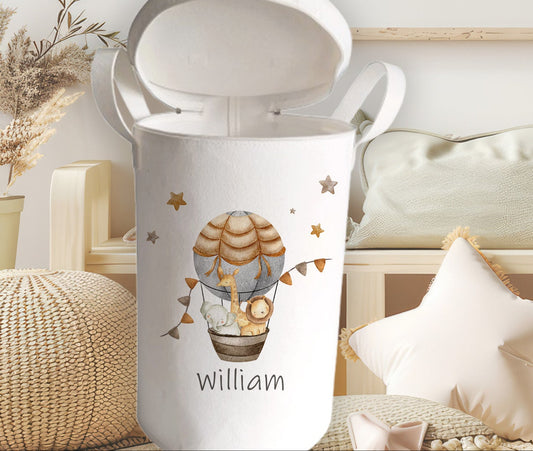 Personalised Safari Balloon Design Large Felt Toy basket Gift Set With Cushion