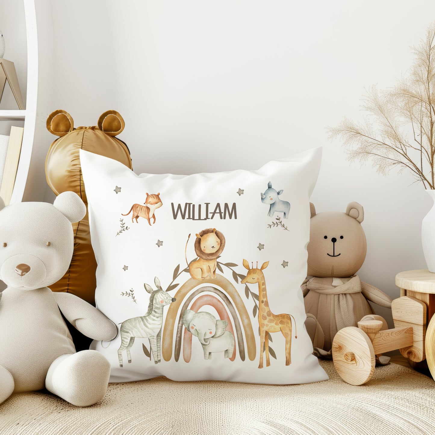 Personalised Rainbow Design Safari Nursery Cushion