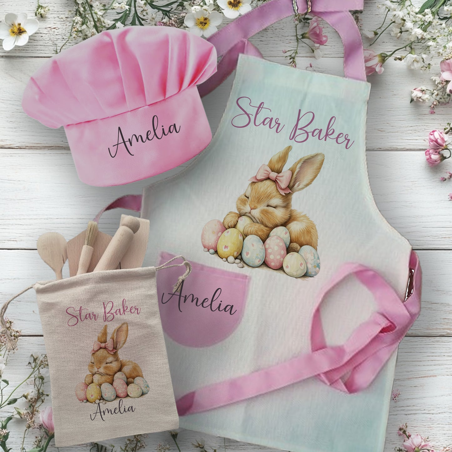 Pink Easter Egg Bunny Theme - Personalised Kids Linen Baking Set
