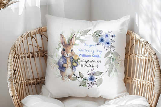 Blue Floral Bunny Design Christening Gift Cushion