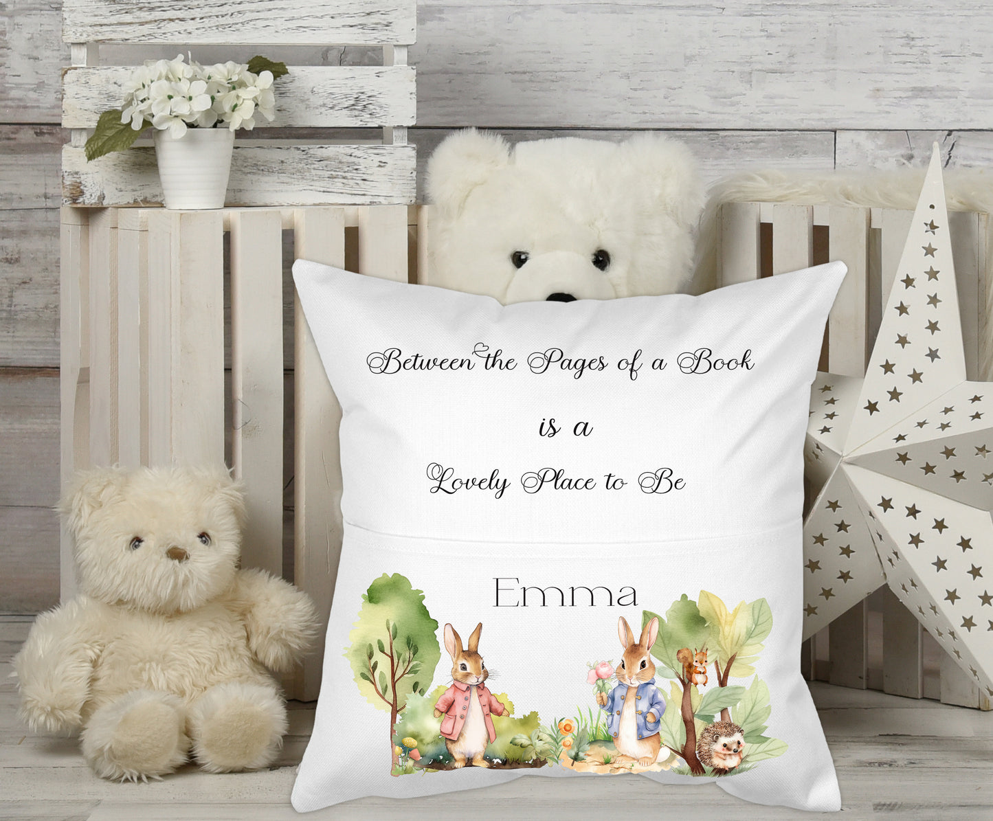 Custom named Rabbit in the Forest Kids Personalised Pocket Pillow
