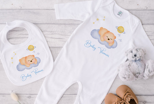 Personalised Nigh time Bear Milestone Baby Blanket Gift Set