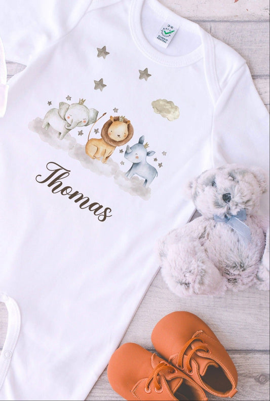 Safari Animals Print Personalised Baby Blanket Set.romper,bib