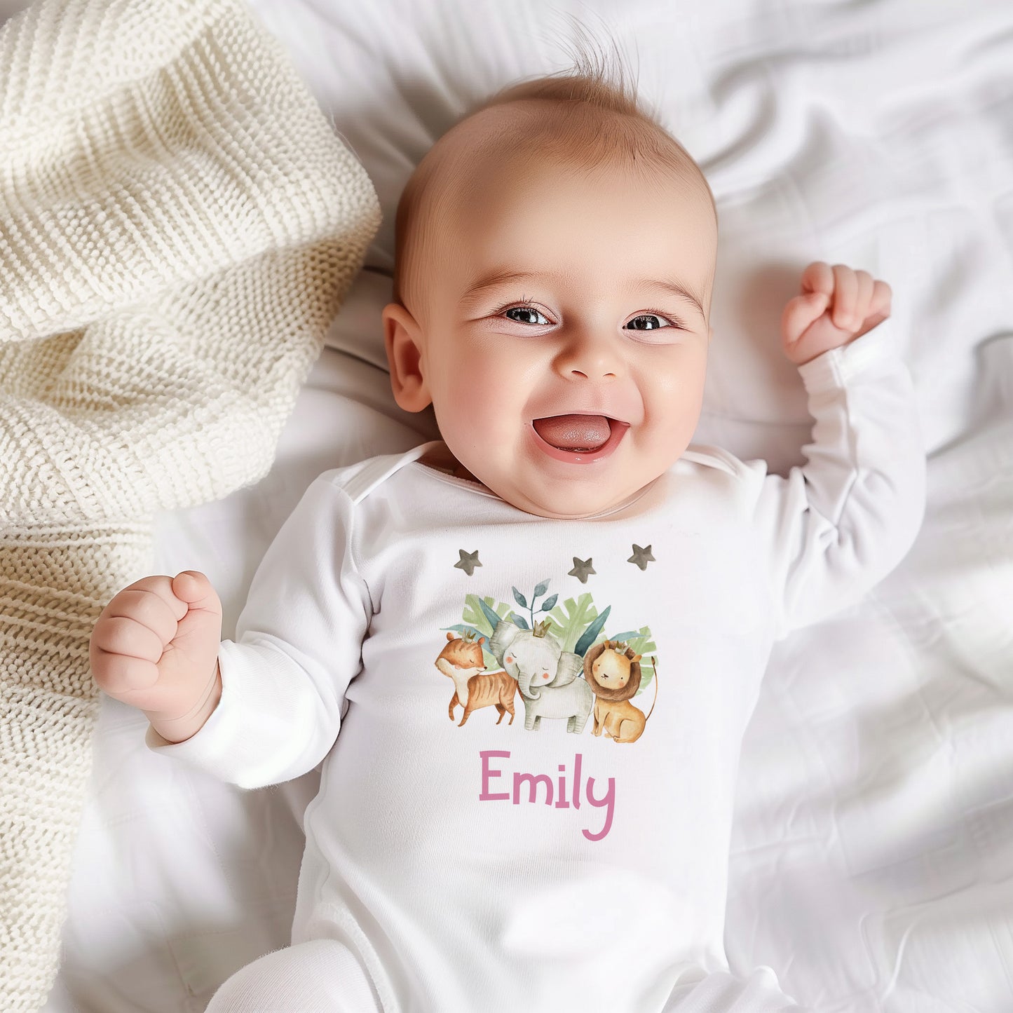 Safari Animals Print Personalised Baby Blanket Set.romper,bib