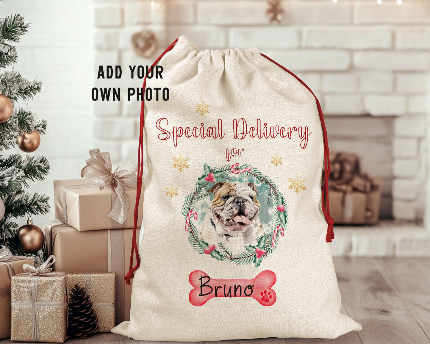 Special Delivery for Dog Add Your Own Photo Personalised Santa Sack