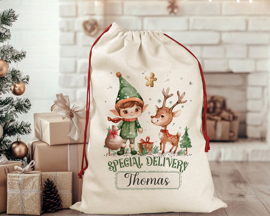 Personalised Special Delivery Elf and Deer Santa Sack