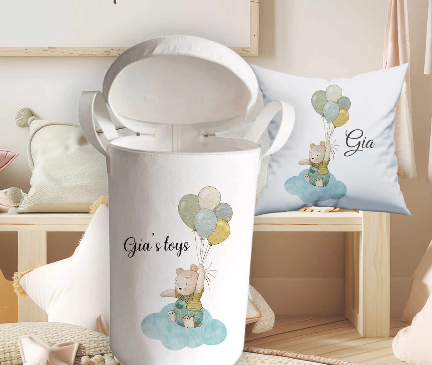 Personalised Bear Theme Large Toy basket Gift Set With Cushion